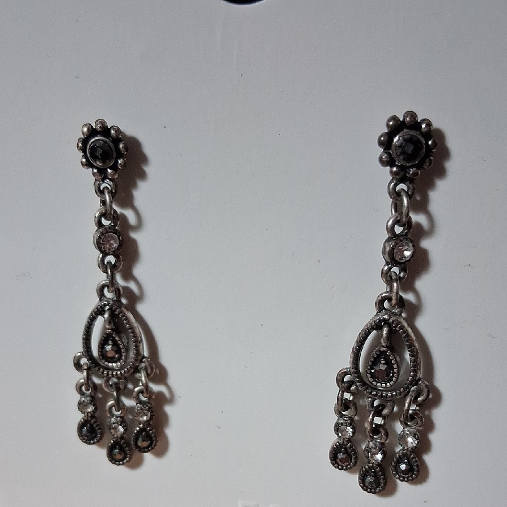 Silver and Black Dangle Earrings, Pierced Ears